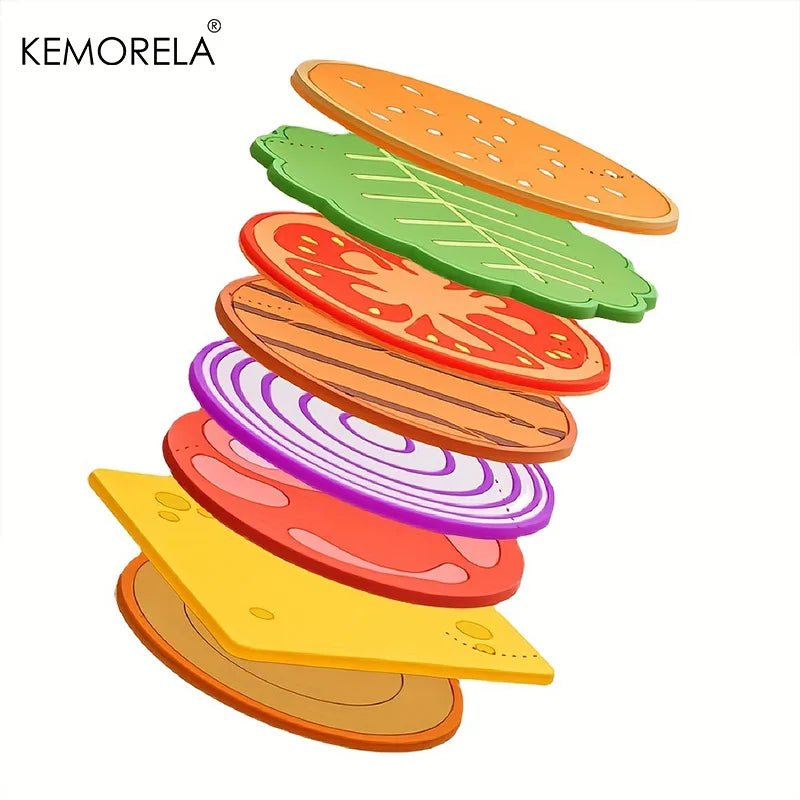 8pcs/set Burger Shape Coaster Creative Cup Pad Silicone Insulation Mat Mug Holder Kitchen Dining Bar Table Decorations Kids Gift Table Piece