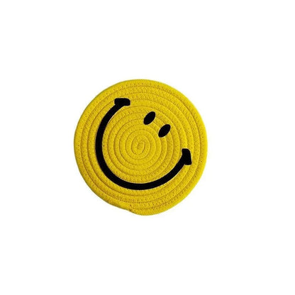 Smiling Face Round Mat Woven Ramie Placemats Anti Slip Dining Table Mats Non-Slip Tableware Bowl Pads Kitchen Drink Cup Coasters Table Piece