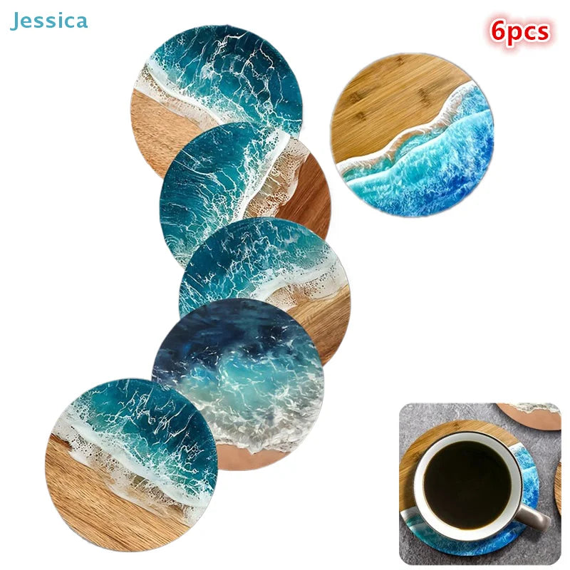 ♥Ocean Wave & Wood Grain Coasters Set  Heat-Resistant Drink Coasters for Coffee/Tea Mugs, Beach Theme Home Decor Table Piece