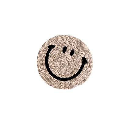 Smiling Face Round Mat Woven Ramie Placemats Anti Slip Dining Table Mats Non-Slip Tableware Bowl Pads Kitchen Drink Cup Coasters Table Piece