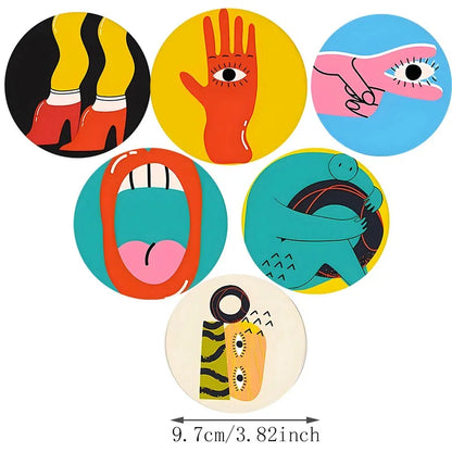 6Pcs Cup Mat Coaster Picasso Style Wood Cup Drink Mat Plate Coasters for Mugs and Cups Rug Pad Table Piece